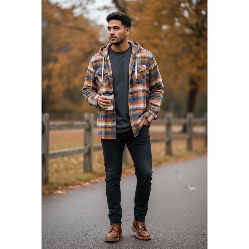 KAVU Plaid Hooded Shirt Jacket Outdoor Wear Button Front Multicolor Men’s M